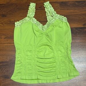 Lime Green Ruched Lace Tank Top - Size Medium
